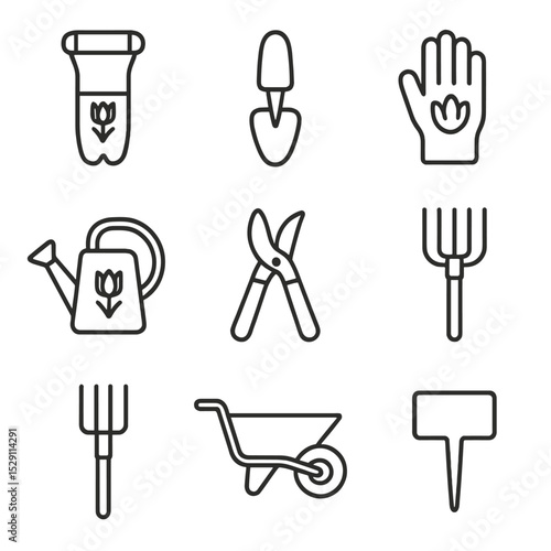 Gardening Tool Icons. Outline icon set of tulip gardening tools: bulb planter, hand trowel, garden gloves, watering can, pruning