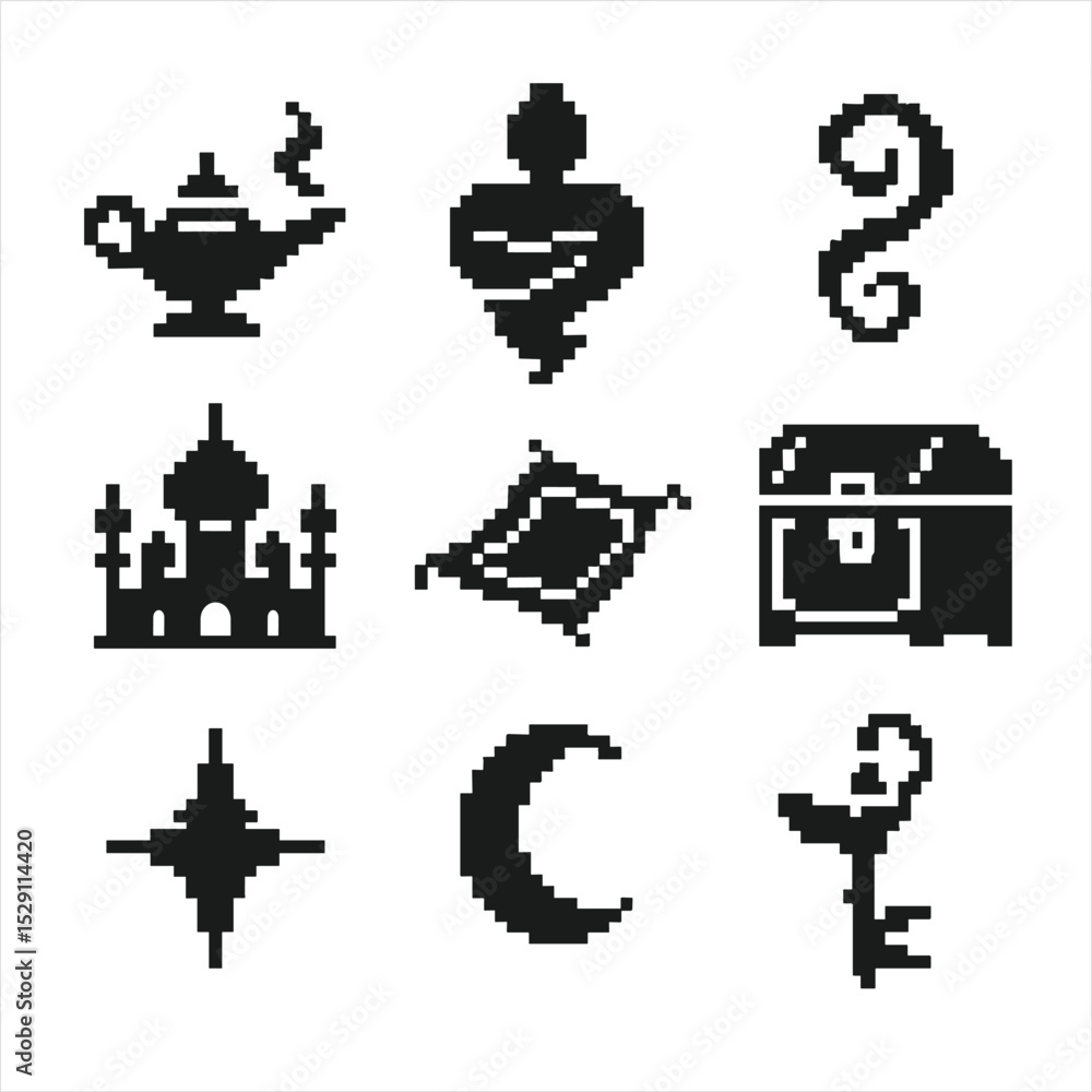 Genie Lamp Icon Set. Pixel art icon set of genie lamp wishes: oil lamp, genie silhouette, smoke swirl, palace silhouette, magic Genie Lamp Icon Set. Pixel art icon set of genie lamp wishes: oil lamp, genie silhouette, smoke swirl, palace silhouette, magic