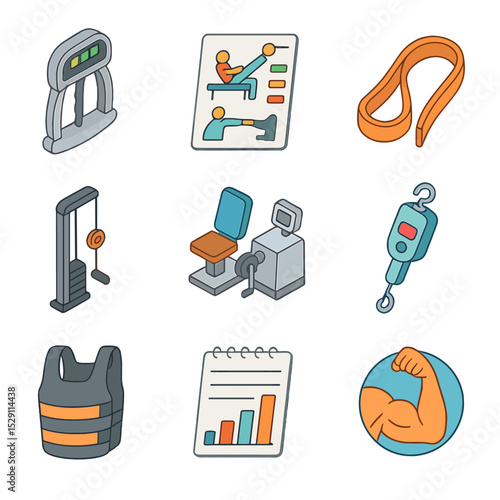 Muscle Testing Tools Icons. Isometric Flat icon set of muscle strength testing tools: hand dynamometer, manual muscle test chart,