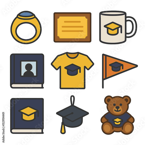 Gift Icon Collection. Flat icon set of gifts and souvenirs: class ring, engraved plaque, commemorative mug, photo album, custom