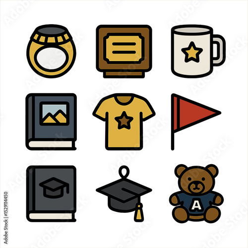 Gift Icon Collection. Flat icon set of gifts and souvenirs: class ring, engraved plaque, commemorative mug, photo album, custom