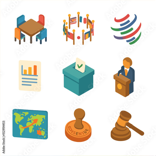 Multilateral Trade Icons Set. Isometric Flat icon set of multilateral trade organizations: negotiation table, member state flags