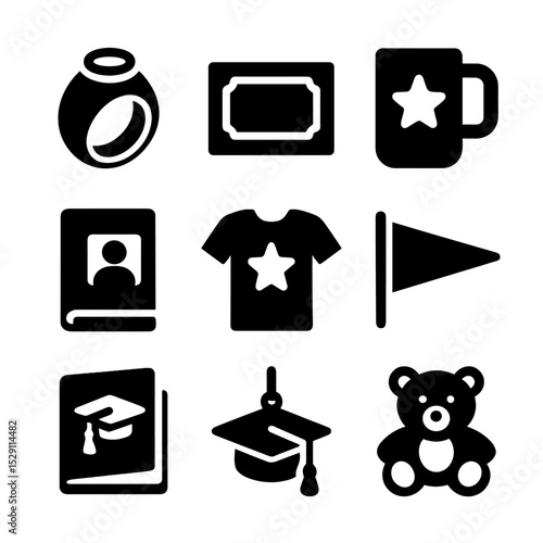 Gift Icon Grid. Solid, Filled icon set of gifts and souvenirs: class ring, engraved plaque, commemorative mug, photo album, custom