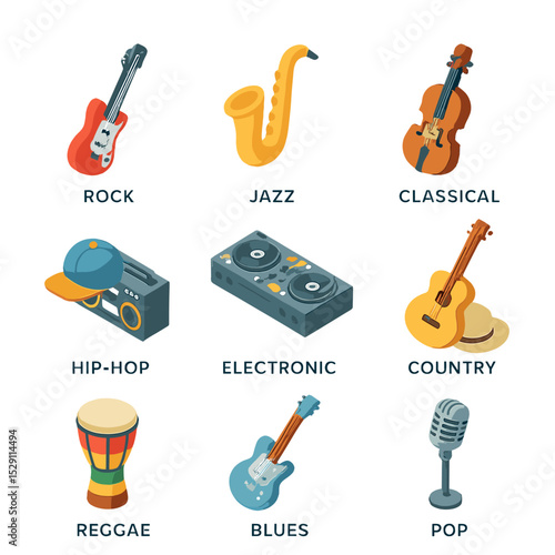 Music Genre Icons. Isometric Flat icon set of Music Genres: rock, jazz, classical, hip-hop, electronic, country, reggae, blues,