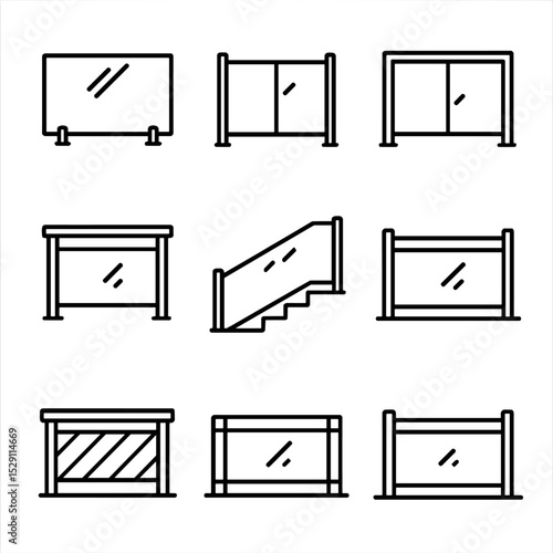 Glass Railing Icons. Outline icon set of glass railing types: frameless railing, semi-frameless railing, framed railing, balcony
