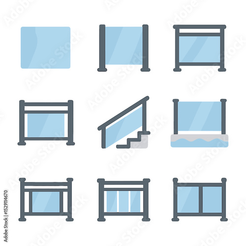 Glass Railing Icons. Flat icon set of glass railing types: frameless railing, semi-frameless railing, framed railing, balcony