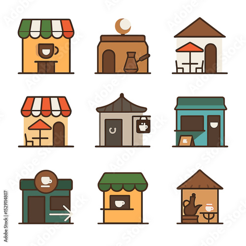 Global Coffee Icons. Flat icon set of global coffee houses: italian espresso bar, turkish coffee shop, viennese café, parisian