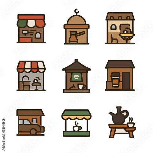 Global Coffee Icons. Flat icon set of global coffee houses: italian espresso bar, turkish coffee shop, viennese café, parisian