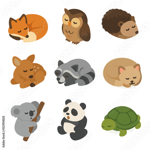 Nighttime Animal Icons. Isometric Flat icon set of nighttime animal friends: sleeping fox, dozing owl, curled-up hedgehog, napping