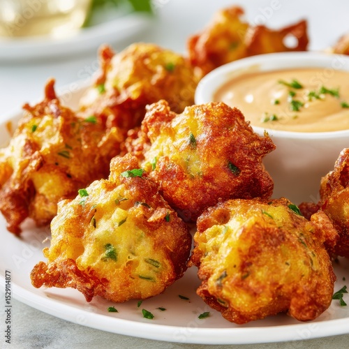 closeup shot ready to serve conch fritters golden fried fritters with dipping sauce on plate minimal background