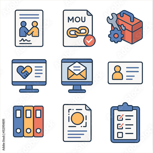 Nonprofit Toolkit Icons. Isometric Flat icon set of nonprofit partnership toolkits: partnership agreement, MOA document, toolkit