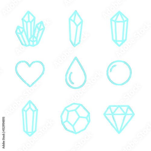 Glowing Crystal Icons. Outline icon set of glowing crystals: quartz cluster, amethyst shard, emerald prism, ruby heart, sapphire