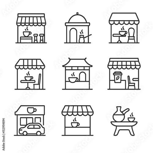 Global Coffee Icons. Outline icon set of global coffee houses: italian espresso bar, turkish coffee shop, viennese café, parisian