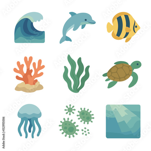 Ocean Ecosystem Icons. Isometric Flat icon set of marine blue ocean ecosystem: rolling wave, dolphin, tropical fish, coral