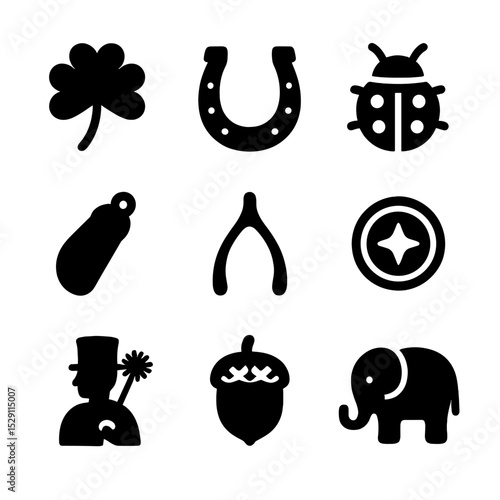 Good Luck Charms Grid. Solid, Filled icon set of good luck charms: four-leaf clover, horseshoe, ladybug, rabbit foot, wishbone,