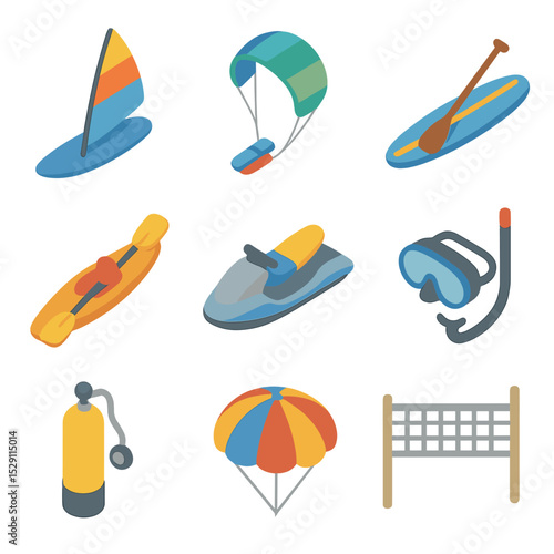 Ocean Sports Icons. Isometric Flat icon set of ocean sports and recreation: windsurf board, kiteboard, stand-up paddleboard,