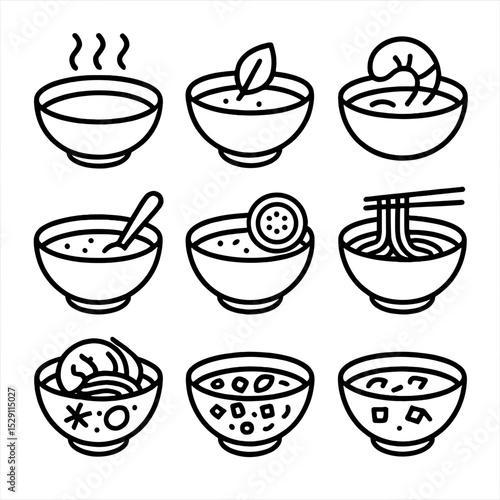 Gourmet Soup Icons. Outline icon set of gourmet soup styles: consommé, velouté, bisque, potage, gazpacho, ramen, pho, minestrone,