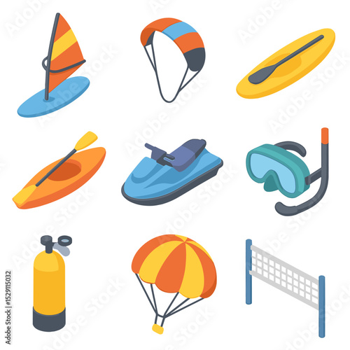 Ocean Sports Icons. Isometric Flat icon set of ocean sports and recreation: windsurf board, kiteboard, stand-up paddleboard,