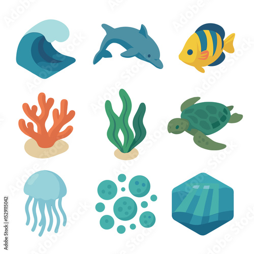 Ocean Ecosystem Icons. Isometric Flat icon set of marine blue ocean ecosystem: rolling wave, dolphin, tropical fish, coral