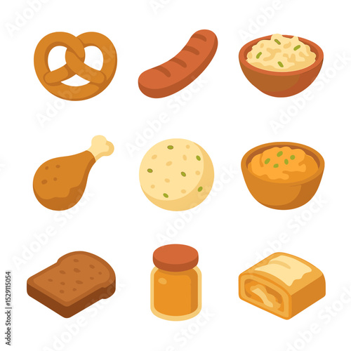 Oktoberfest Food Icons. Isometric Flat icon set of Oktoberfest foods: pretzel knot, bratwurst sausage, sauerkraut bowl, roast
