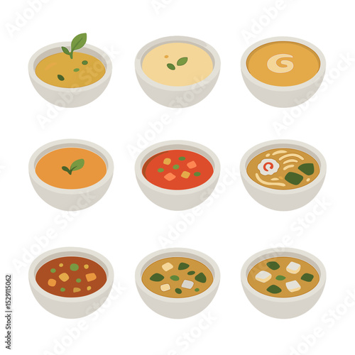 Gourmet Soup Icons. Flat icon set of gourmet soup styles: consommé, velouté, bisque, potage, gazpacho, ramen, pho, minestrone,