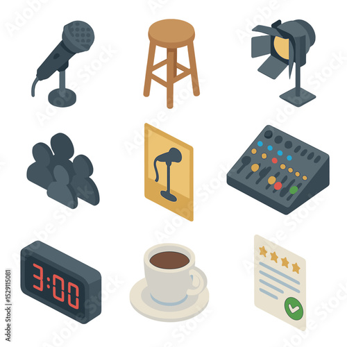 Open Mic Icon Set. Isometric Flat icon set of open mic poetry night: microphone, stage stool, spotlight, audience silhouette,