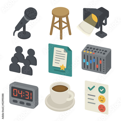 Open Mic Icon Set. Isometric Flat icon set of open mic poetry night: microphone, stage stool, spotlight, audience silhouette,
