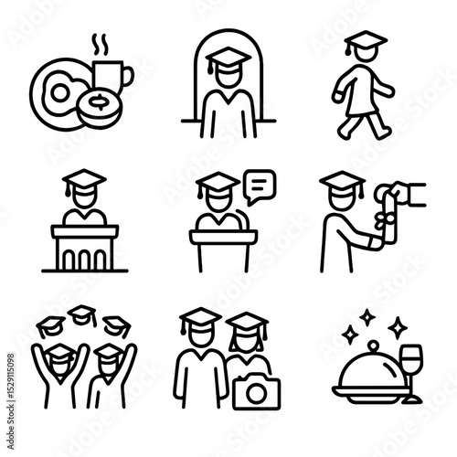 Graduation Day Icons. Outline icon set of graduation day timeline: morning breakfast, arrival gate, rehearsal walk, ceremony begin