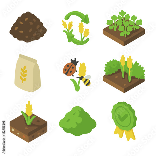 Organic Barley Farming Icons. Isometric Flat icon set of Organic Barley Farming Practices: compost heap, crop rotation arrows,