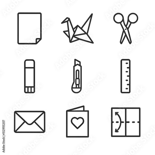 Origami Icon Set. Outline icon set of paper crafts and origami: paper sheet, origami crane, scissors, glue stick, paper cutter,