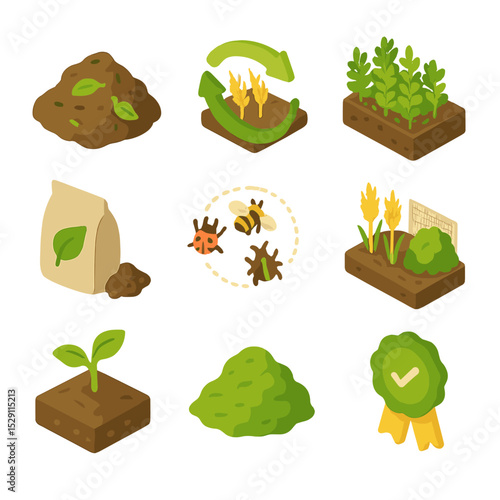Organic Barley Farming Icons. Isometric Flat icon set of Organic Barley Farming Practices: compost heap, crop rotation arrows,