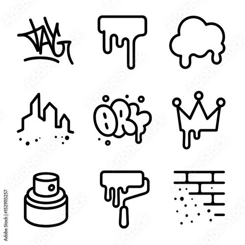 Graffiti Icon Set. Outline icon set of graffiti splatter: tag outline, stencil drip, throw-up blob, mural sketch, bubble letter