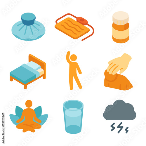 Pain Relief Icons. Isometric Flat icon set of pain triggers and relief methods: cold ice pack, hot heating pad, medication pill