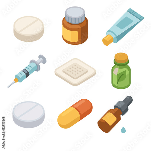 Pain Medication Icon Set. Isometric Flat icon set of pain medication types: opioid pill, NSAID bottle, topical cream tube, syringe