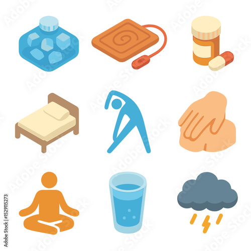 Pain Relief Icons. Isometric Flat icon set of pain triggers and relief methods: cold ice pack, hot heating pad, medication pill