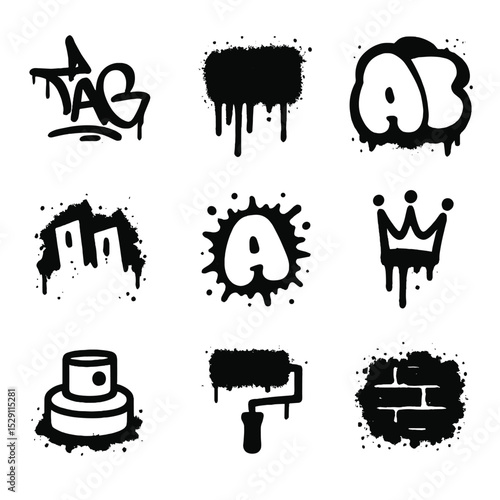 Graffiti Icon Set. Flat icon set of graffiti splatter: tag outline, stencil drip, throw-up blob, mural sketch, bubble letter