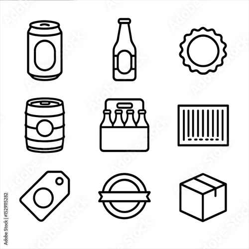 Packaging Icon Set. Outline icon set of packaging and labels: beer can, bottle label, crown cap, keg label, case box, shrink wrap,