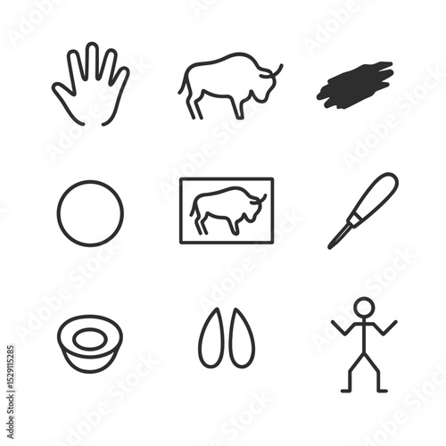 Paleolithic Icon Set. Outline icon set of paleolithic cave art: hand stencil, bison silhouette, charcoal smear, red ochre dot,