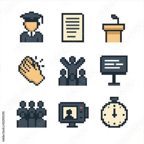 Graduation Speech Icons. Pixel art icon set of graduation speeches: keynote speaker, speech notes, lectern, applause clap,