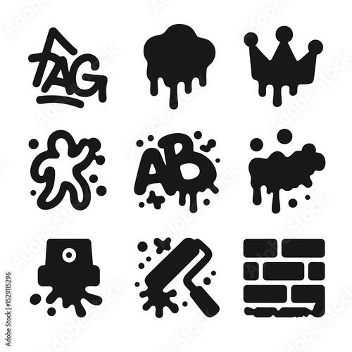 Graffiti Icon Set. Solid, Filled icon set of graffiti splatter: tag outline, stencil drip, throw-up blob, mural sketch, bubble