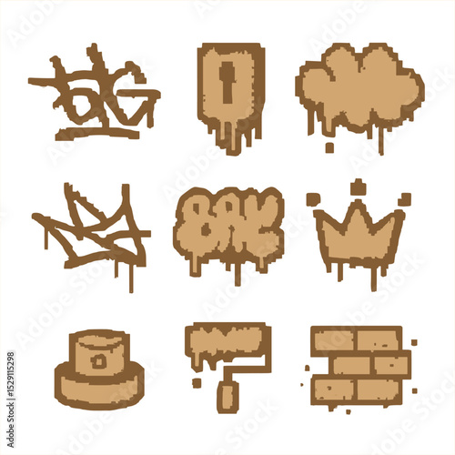 Graffiti Icon Set. Pixel art icon set of graffiti splatter: tag outline, stencil drip, throw-up blob, mural sketch, bubble letter