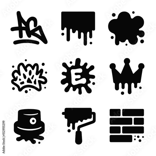 Graffiti Icon Set. Solid, Filled icon set of graffiti splatter: tag outline, stencil drip, throw-up blob, mural sketch, bubble