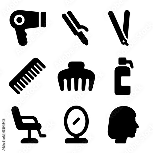 Hairstyle Tools Icons. Solid, Filled icon set of hairstyle styling: hair dryer, curling iron, hair straightener, comb, hair clip,