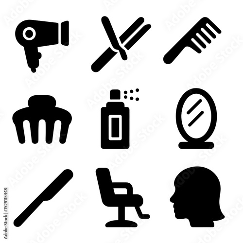 Hairstyle Tools Icons. Solid, Filled icon set of hairstyle styling: hair dryer, curling iron, hair straightener, comb, hair clip,