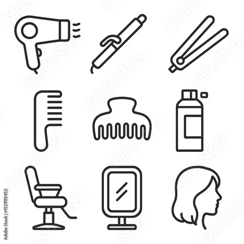 Hairstyling Icon Set. Outline icon set of hairstyle styling: hair dryer, curling iron, hair straightener, comb, hair clip,