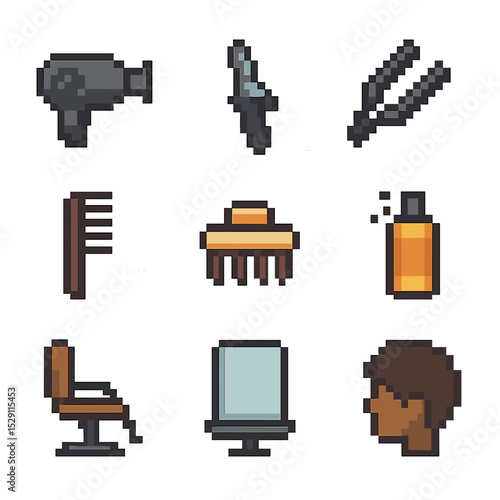 Hairstyle Tools Icons. Pixel art icon set of hairstyle styling: hair dryer, curling iron, hair straightener, comb, hair clip,