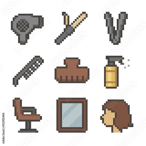 Hairstyle Tools Icons. Pixel art icon set of hairstyle styling: hair dryer, curling iron, hair straightener, comb, hair clip,