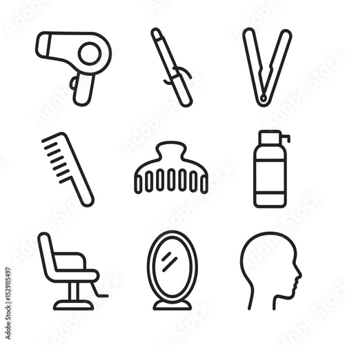 Hairstyling Icon Set. Outline icon set of hairstyle styling: hair dryer, curling iron, hair straightener, comb, hair clip,