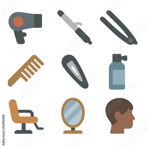 Hairstyling Tool Icons. Flat icon set of hairstyle styling: hair dryer, curling iron, hair straightener, comb, hair clip,