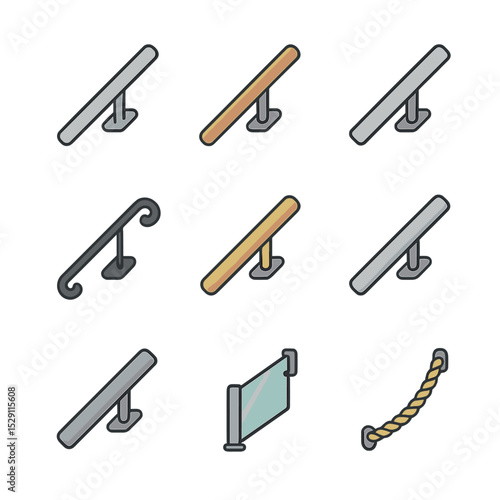 Handrail Material Icons. Flat icon set of handrail materials: stainless steel handrail, wood handrail, aluminum handrail, wrought